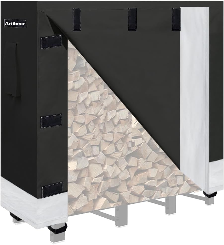 Artibear 8ft Firewood Rack Cover for Wood Holder, Waterproof Wood Pile Cover for Outside, Indoor Outdoor Log Rack Cover for Firewood with Buckle, Black (Frame not Include)