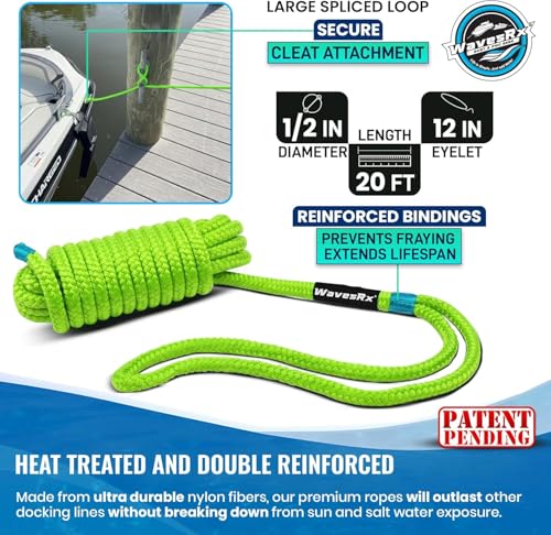 Image of Premium Nylon Boat Dock Lines & Ropes for Docking & Pontoon | Double Braided Marine Rope | Boat Ropes for Docking with Loop | UV & Saltwater Resistant Dock Rope (Neon Green, 1 /2 inch x 20')