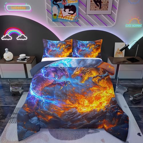 51e2aLTeVsL. SL500 Erosebridal Monster Twin Size Comforter Set Magic Dragon Bedding Set for Boys Kids Men, Magical Wildlife Animal Print Down Comforter Lightning Fire Anime Bed Set, Monster Theme Quilted Duvet
