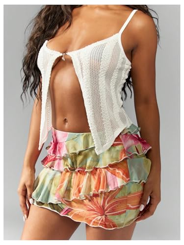 Women's Boho Tropical Floral Mini Skirts Bodycon Ruffle Layered Skirt Beach Vacation Outfit4