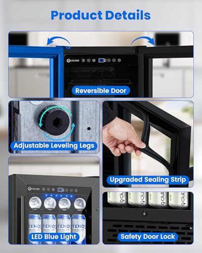 Image of 15 Inch Black Beverage Refrigerator Under Counter, 130 Cans Built-in /Freestanding Beverage Cooler, Mini Bar Fridge with Double Tempered Glass Door&Lock, Beverage Fridge for Drink Beer Soda Wine
