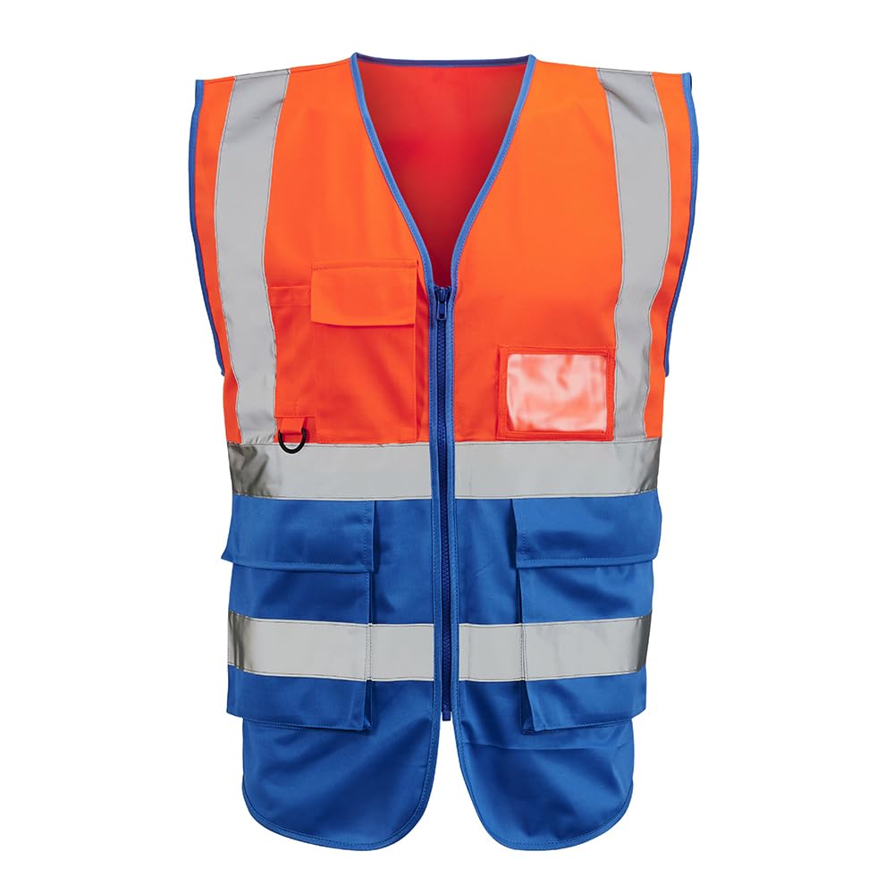 Expert Workwear Hi Vis Viz Zipped Executive Vest High Visibility Two Tone Reflective Safety Waistcoat Jacket Mobile Phone Pocket & ID Holder (UK, Alpha, 3XL, Regular, Regular, Orange/Blue)