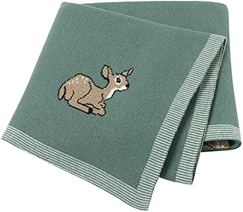 LAWKUL Baby Blanket Cotton Green Knitted Wraaping Soft Blankets for Newborn Boy Girls with Animal Fawn for Pram Moses Baket 100x80cm