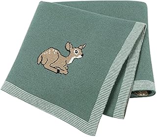 LAWKUL Baby Blanket Cotton Green Knitted Wraaping Soft Blankets for Newborn Boy Girls with Animal Fawn for Pram Moses Baket 100x80cm