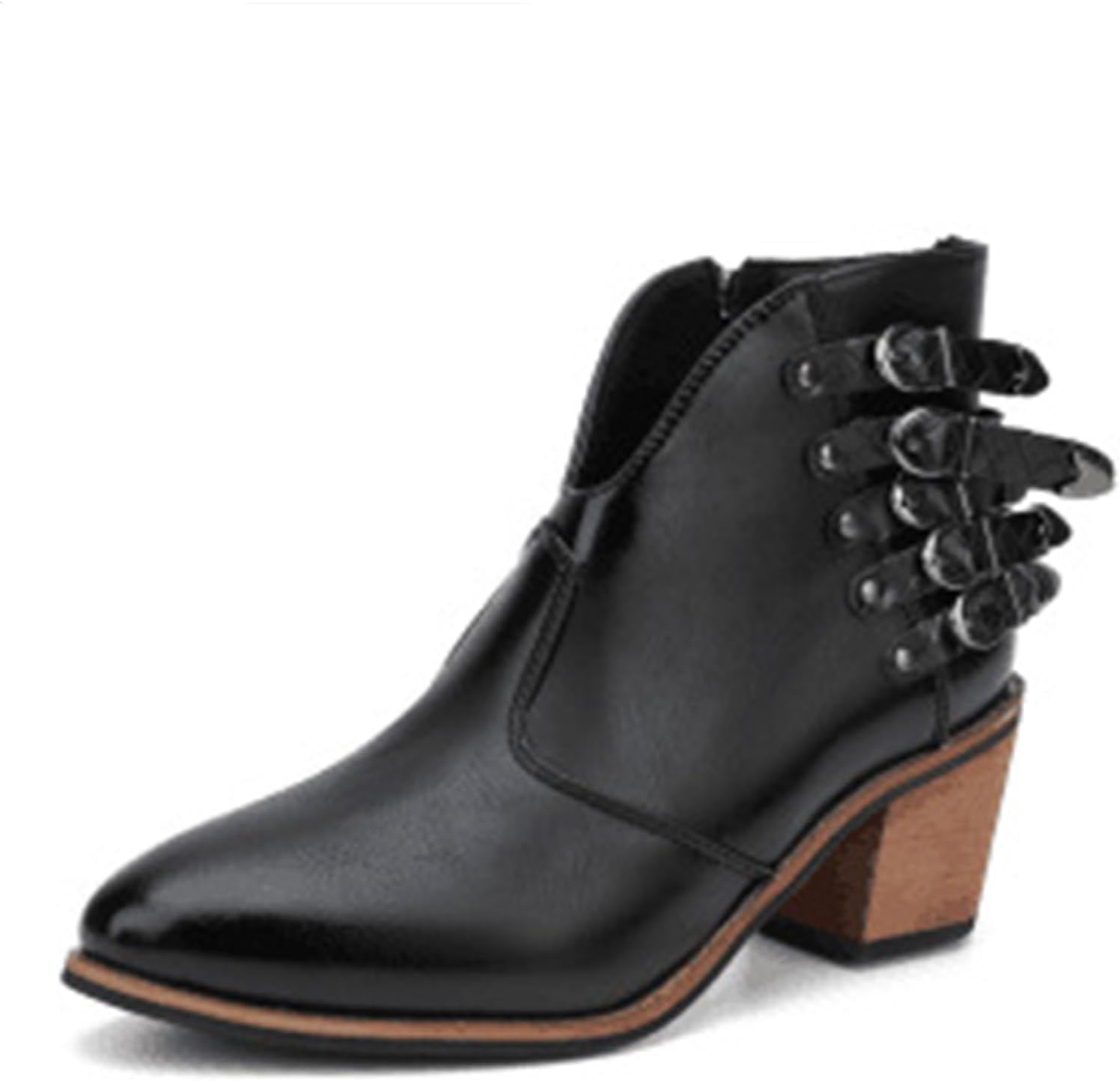 Tokouk Women's V Cut Out Stacked Heel Retro Ankle Boots With Belt Buckle,Side Zipper Block Low Heel Pointed Toe Chelsea Boot Winter Leather Short Boots