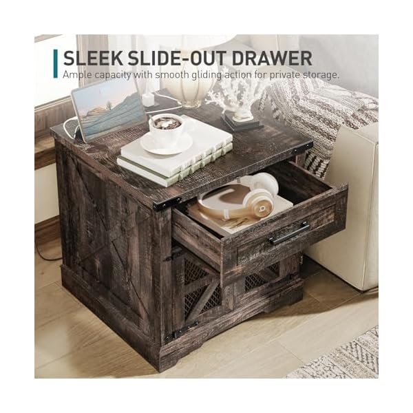 Farmhouse end table with charging station 24 large sofa side table with drawer large end table for living room wooden nightstand with outlet square dark rustic oak 66bzufp  urban country home decor