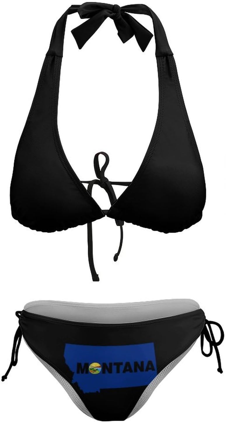 Montana1 State Map Flag Novelty Women's 2 Piece String Bikini Set Swimsuits Bathing Suit Swimwear
