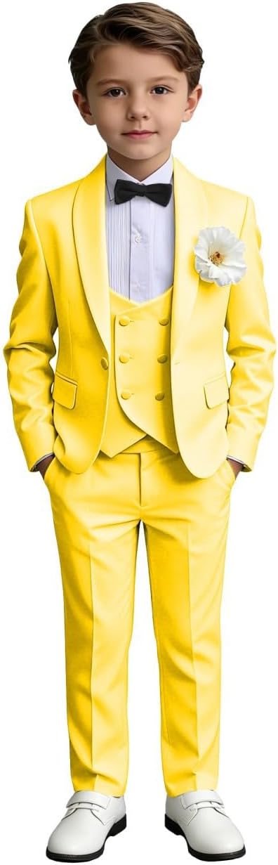 Boys 3 Piece Slim Fit Kids Tuxedo Suits Solid Color Formal Wedding Ring Bearer Outfit Teen Prom Suit