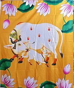 Talambralu Cow & Calf Backdrop Curtain Cloth for House Warming Function/Traditional Ceremonies (Aavu Dooda) Design 5 Feet Width * 8 Feet Length/Height (Yellow)