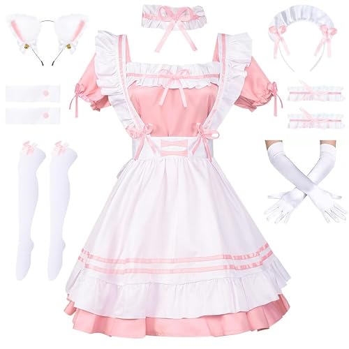 Amtum Anime French Lolita Fancy Dress Maid Apron Cosplay Costume Lolita Women's Outfit Anime halloween Costumes Headwear Gloves Socks Set Pink 3XL