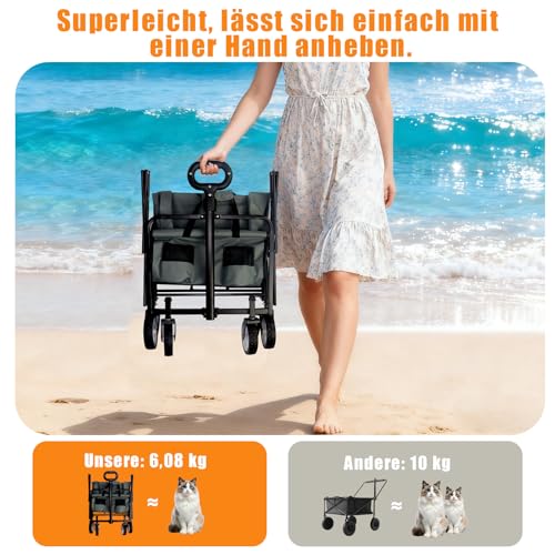 Bollerwagen faltbar 80kg belastbar,Mini Faltbarer Handwagen mit Getränkehalter Transportwagen Einkaufstrolley klappbar Strandwagen für Garten Camping Festival (Grau)