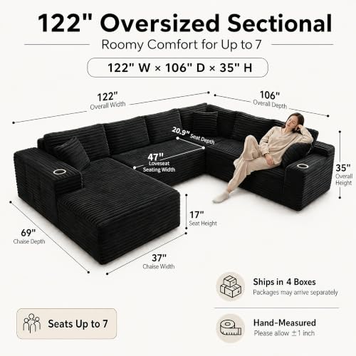 Image of 122 inch Oversized Cloud Sectional Couch for Living Room, 7 Seater U Shaped Sofa Modular Boneless Couch with Chaise | Deep Seater | Cup Holder | Side Pocket | No Assembly | Plus Corduroy, Black