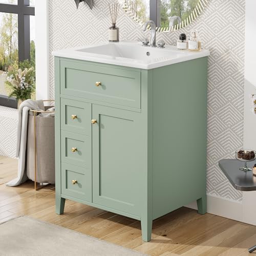 Image of Favfurish 24 inch Sage Green Bathroom Vanity with Ceramic Sink, Rubberwood Frame Freestanding Storage Cabinet w /3 Drawers & Tilt-Out Drawer, Adjustable Shelf, Heavy-Duty 150 lb Capacity for Small Space