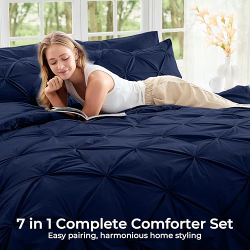 Image of Sasttie King Size Comforter Set, 7-Piece Bed in a Bag, Pintuck Bedding Sets for All Season, Includes Comforter, Flat Sheet, Fitted Sheet, Pillowcases and Pillowshams, Navy