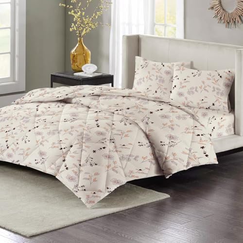 Image of HOMEKART 220 GSM Premium Reversible Microfiber AC Comforter for Double Bed | Soft, Lightweight & Breathable All-Season 3-Layer Quilted Blanket (220 x 240 cm, Floral, White Brown)