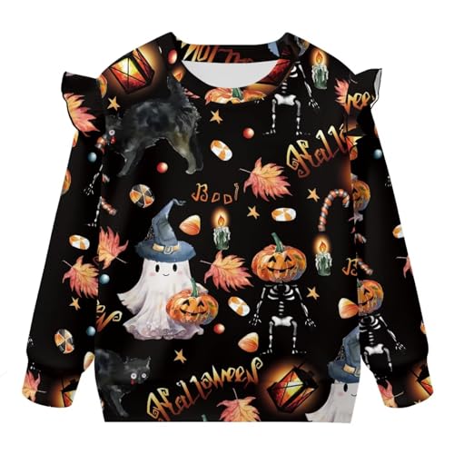 Halloween Toddler Crewneck Sweatshirt Girls Graphic Sweatshirts Pullover Tops with Ruffle Sleeves Kids Fall Clothes