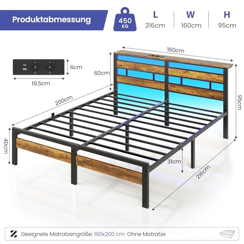 Bett 160x200 mit Lattenrost aus Metall, Doppelbett Bettgestell 160x200cm mit LED Beleuchtung und Ladestation (2 AC-Steckdosen, 1 USB-Anschluss und 1 Type-C-Anschluss) Metallbett mit Kopfteil – Bild 3