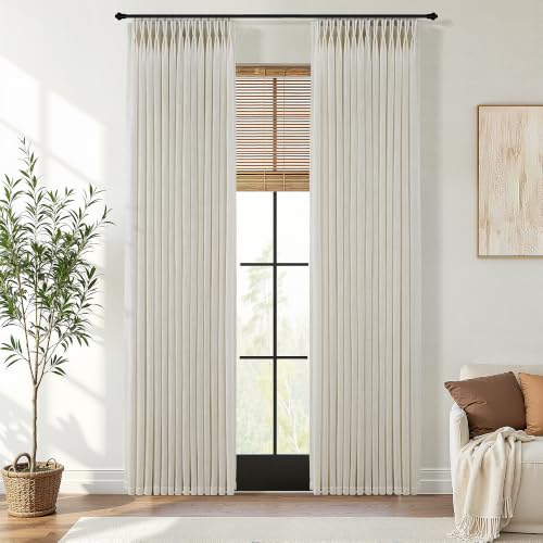 Beige Linen Pinch Pleated Curtains 84 Inch Length 2 Panels Semi Sheer
