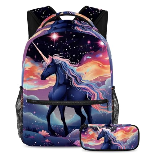 Sac à dos licorne étoilée 2 pièces avec trousse pour collégiens et étudiants
