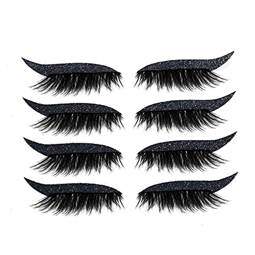 Eyelash Stickers, 4Pairs Reusable Eyeliner and Eyelash Stickers, Self-Adhesive Waterproof Colorful Glitter Invisible Eye Line Strip Stickers, Easy to Wear Women Makeup Eyeliner Sticke (Black)