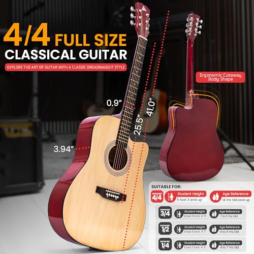 Pyle Steel String Acoustic Guitar Kit, 4/4 Full Size Cutaway All-Wood Guitarra Acustica with Premium Accessory Set and Upgraded Gig Bag, 41\" Natural Glossy