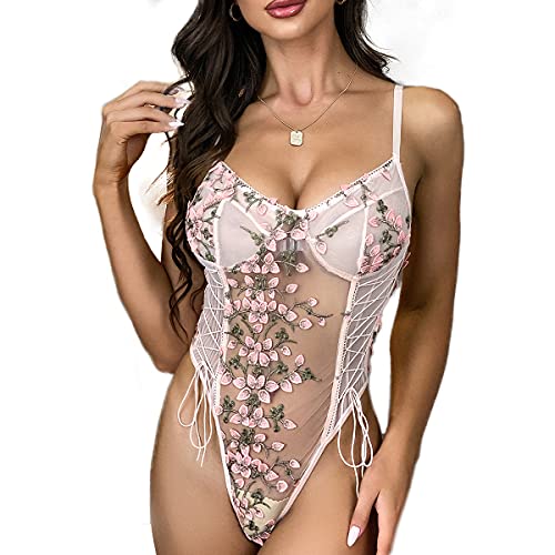 Lilosy Women Sexy Lace Up Floral Embroidered Teddy Babydoll Lingerie Bodysuit Top Mesh Sheer One Piece See Through Pink Small #TOP1