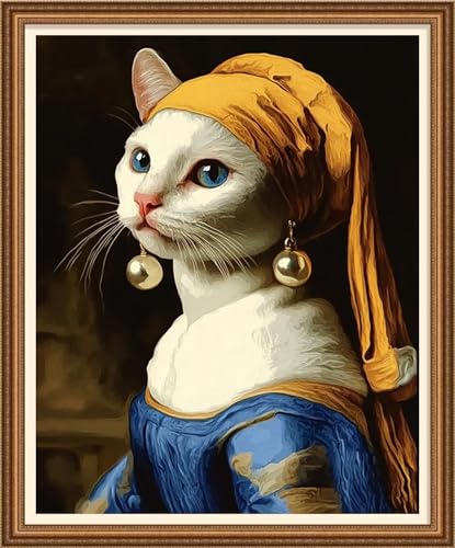 Image of Disnesart Cross Stitch Stamped Full Embroidery Kits DIY 11CT Cotton Thread Printed DIY Needlepoint Kits Craft Needlework Set Cross-Stitch Stamped Sets-Abstract cat with Pearl Earrings 16x20 inch