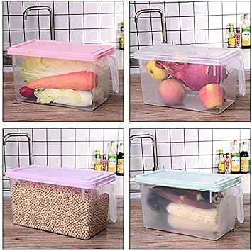 Plastic Storage Containers Square Food Storage Organizer Stackable Refrigerator Organizer Handle Kitchen Containers with Lids for Fruits Vegetables Meat Egg, 4-pack (Green)
