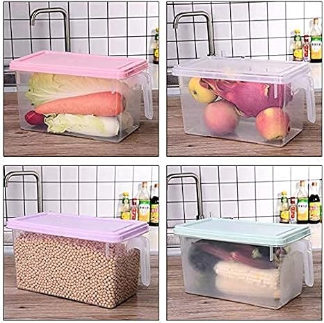 Plastic Storage Containers Square Food Storage Organizer Stackable Refrigerator Organizer Handle Kitchen Containers with Lids for Fruits Vegetables Meat Egg, 4-pack (Green)