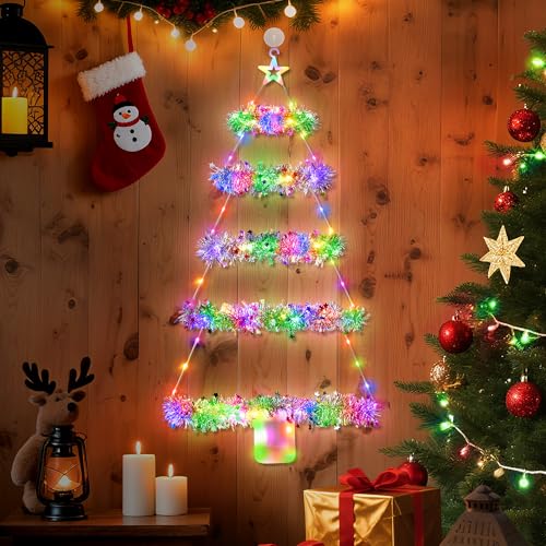 DazSpirit Christmas Ladder Lights, 88cm LED Ladder Tree Light with Tinsel Garland, 8 Modes, Timer, Hook, Battery Window Christmas Lights for Indoor Outdoor Party, Wall, Door, Window Decoration (Color)