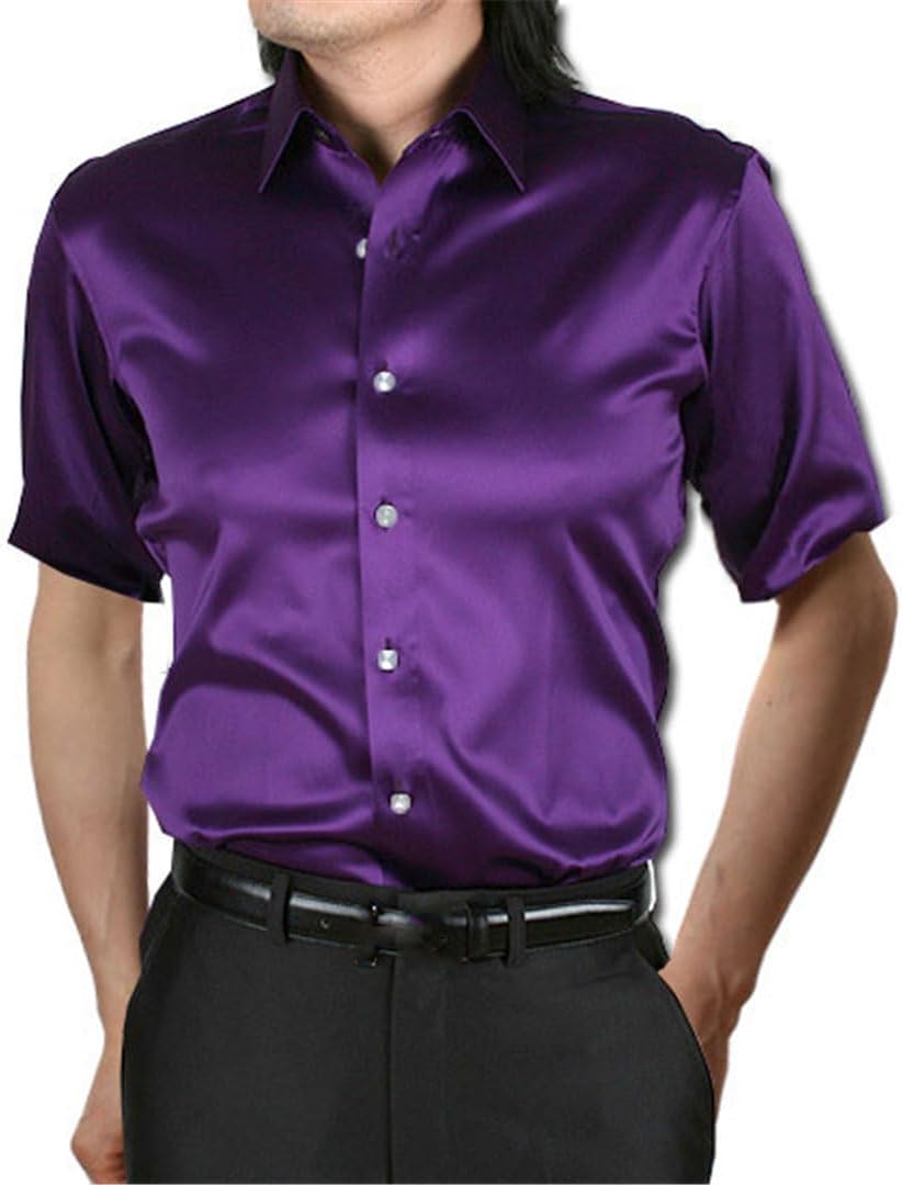 [HEYDHSDC] ゴールドシルクサテンシャツメンズカジュアル半袖スリムフィットメンズドレスシャツ