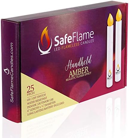 SafeFlame Flickering Hand Held LED Candles - Batteries Included - Easy On/Off Switch - Safe Flame for Candlelight Service (Box of 25) (Amber)