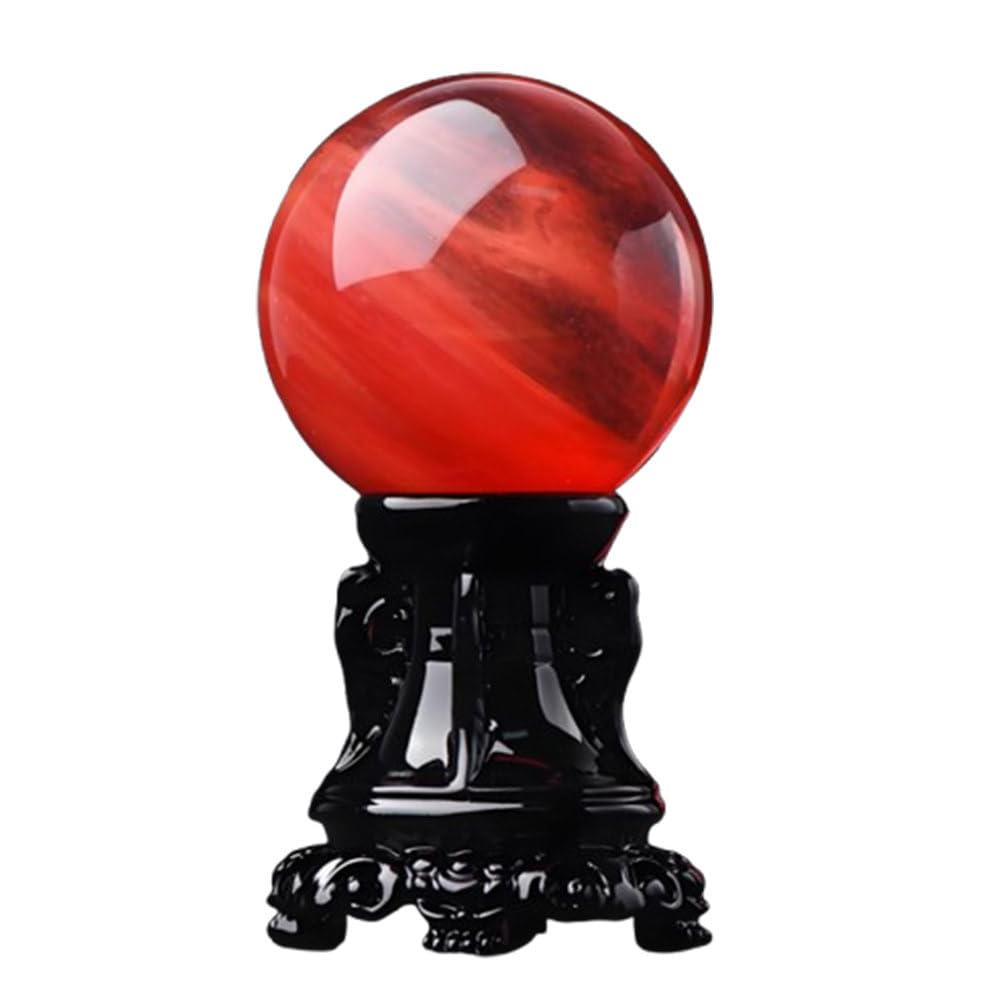 AUOQKQUT Red Smelt Quartz Crystal Ball with Stand Gemstone for Balance Feng Shui Divination Sphere Home Decoration,70~80mm