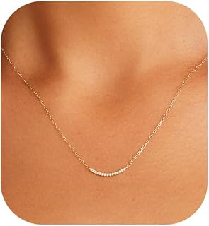 Dainty Gold Necklace,14K Gold Plated Cubic Zirconia Diamond Paved Heart Circle Bar Sun Cross V Dainty Necklace For Women 16.5+2 Inch