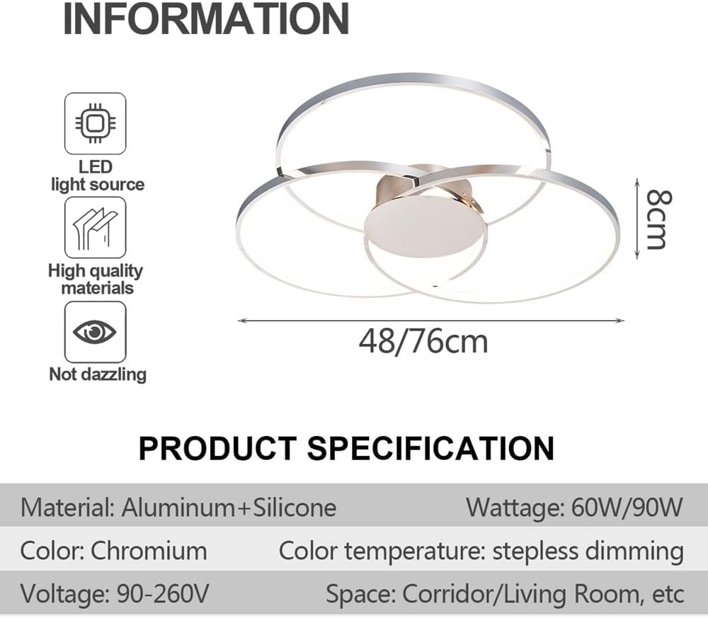 60W/90W Modern LED Ceiling Light,3-Ring Dimmable Ceiling Lamp Chandeliers Chrome Flush Mount Lighting Fixture with Remote Control for Bedroom Kitchen Foyer