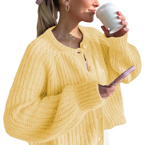 Crochet Cardigan Sweaters for Women Tops Chunky Knitted Crew Neck...