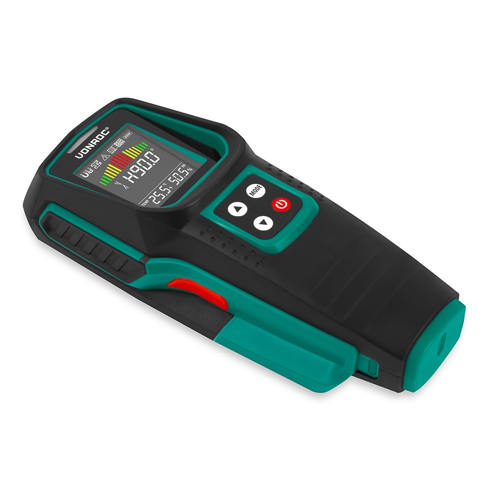 VONROC Detector de tubos y multidetector para metales, madera y cables eléctricos, con medición de temperatura, humedad y esquinas, pantalla LCD multicolor - Alarma visual y acústica
