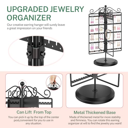 Image of MODOWEY Rotating Jewelry Holder Organizer Stand, 250 Hole and Groove Stud Dangle Earring Display Metal Rack, 10 Hook Necklace Tree for Bracelet Ring Storage, Compact Multi-Use Tower for Women, Black