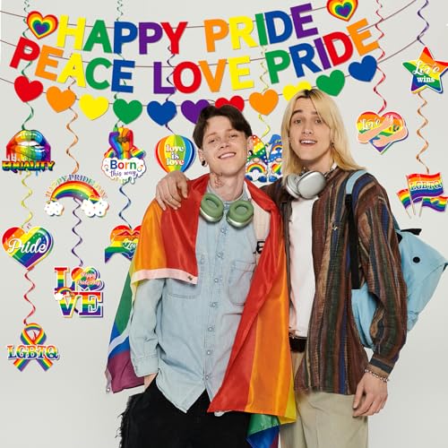 Image of Pride Decorations, Rainbow Lgbtq Decorations includes Happy Pride Banner and Rainbow Lesbian Gay Hanging Swirls for Pride Month Day Lgbtq Party