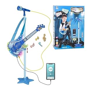TAKIHON Guitar and Microphone Set for Kids,Guitar Toys with Music&Colorful Light,Adjustable Height Microphone with Stand,Karaoke Toys Gift for Boy,Girls,Toddlers(Blue)-Upgraded,Stocking Stuffers