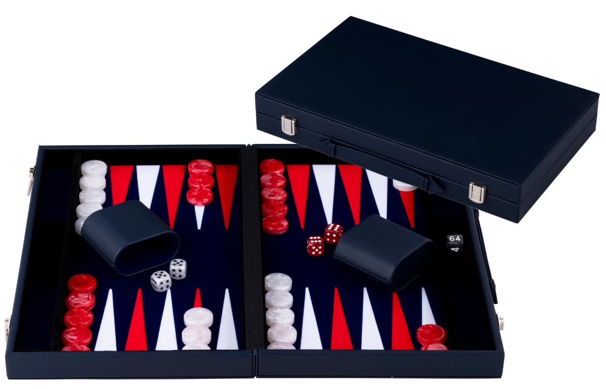 Engelhart-250561 – Backgammon 18 Inch (46.7 cm) Luxury Red & White Faux Leather Case – Inlaid Board – Open 56.4 × 46.7 cm – Red/White Pieces – Dice & Cups – Classic Board Game