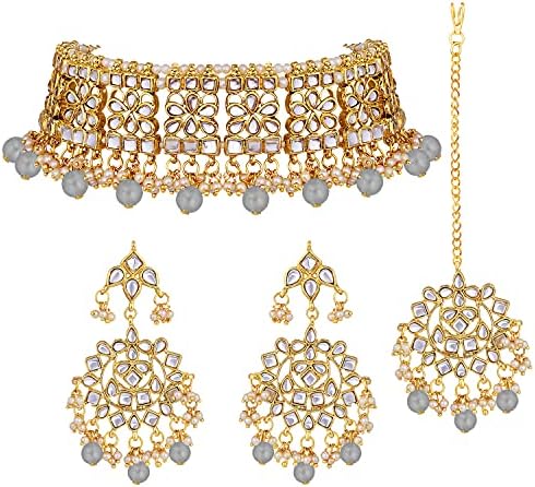 Aheli Elegant Indian Wedding Wear Faux Kundan Studded Choker Necklace with Maang Tikka Set Ethnic Fashion Jewelry for Women