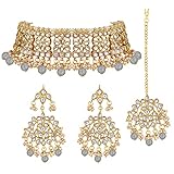 Aheli Elegant Indian Faux Kundan Studded Choker Necklace with Maang Tikka Set Ethnic Wedding Wear Fashion Jewelry Gift for Women Grey