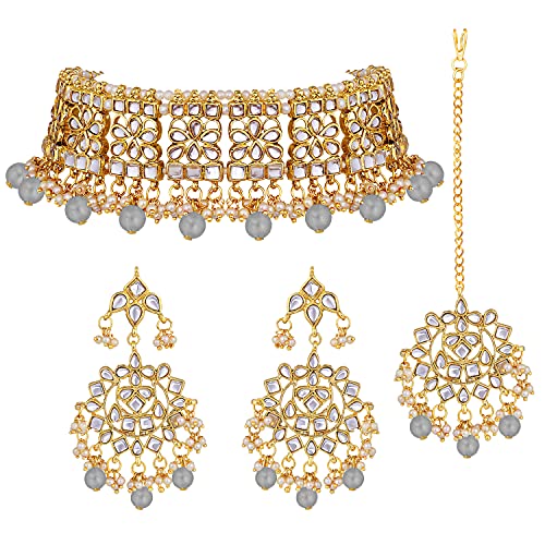 Aheli Elegant Indian Faux Kundan Studded Choker Necklace with Maang Tikka Set Ethnic Wedding Wear Fashion Jewelry Gift for Women Grey