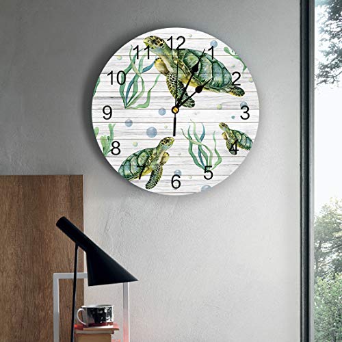 Lartdumur Wall Clock Sea Turtle Clocks Easy To Read Battery Operated Marine Life Coral Wood Grain Decorative For Living Room Kitchen Home Office 10 Inch #TOP2