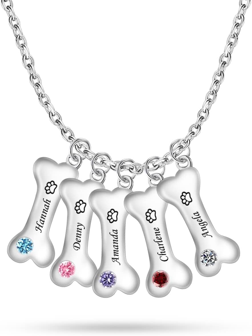 Custom Bone Necklace Engraved 1-5 Names Personalized Dog Pendant With Paw Print Birthstone for Dog Lovers
