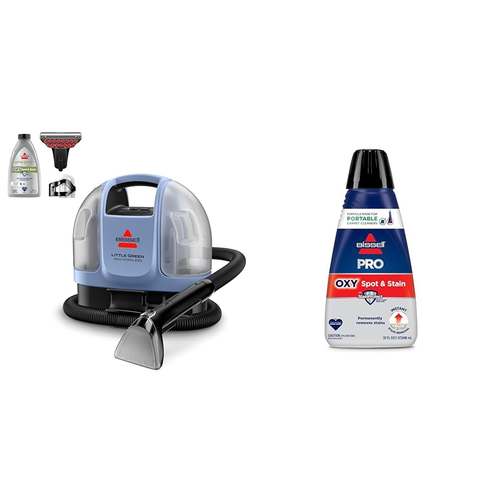 BISSELL Little Green Mini Cordless Portable Carpet and Upholstery Deep Cleaner, 4015L + Bissell Professional Spot and Stain + Oxy Portable Machine Formula, 32 oz, Single, 32 Fl Oz
