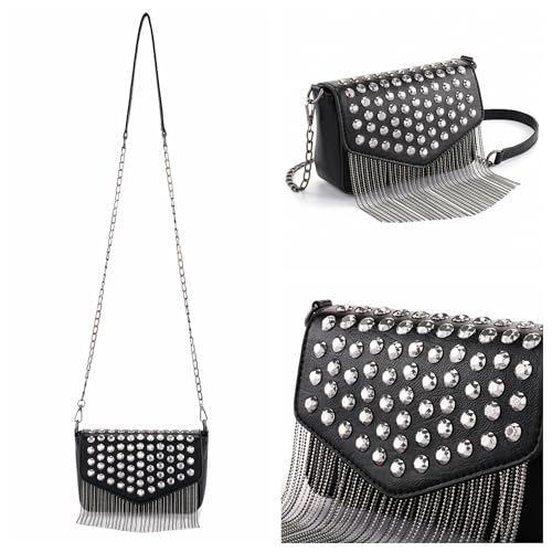 Ayliss Women Crossbody Handbag Purse Small Rivets Studded Tassel Shoulder Bag Clutch Gothic Punk Rock Party Funky Bag (Rectangle Black)4