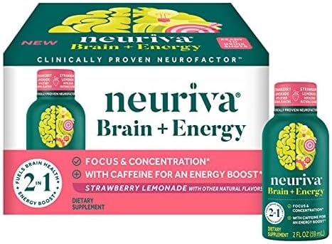 NEURIVA Brain + Energy Shots, Nootropic Brain Supplement for Focus & Concentration with Neurofactor, Vitamin B12 & 150mg Caffeine for an Energy Boost - (12 Count), Strawberry Lemonade