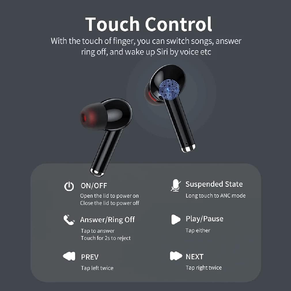 True Wireless Earbuds TWS Stereo HiFi Bluetooth Headphones - Charging Case Included ANC Active Noise Cancelling Headset with Deep Bass - for Sports and Work